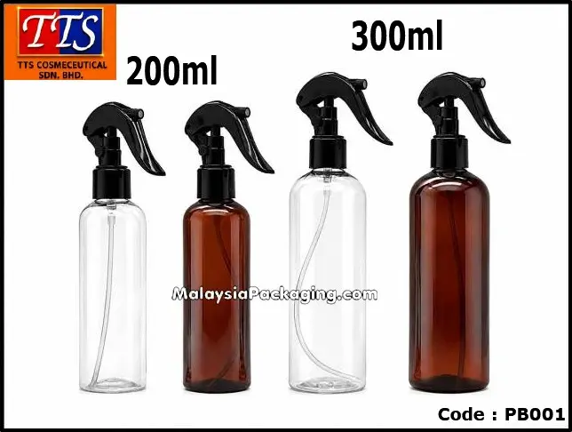 PB001 200ml and 300ml trigger spray plastic bottles in clear and transparent brown