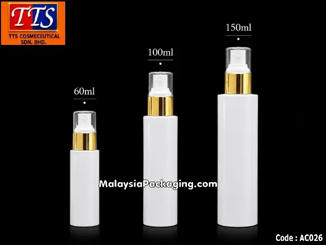 White spray plastic bottle with gold ring A001 in 60ml to 150ml sizes