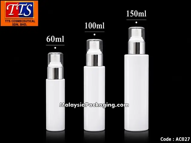 White spray plastic bottle with silver ring AC027 in 60ml, 100ml and 150ml sizes