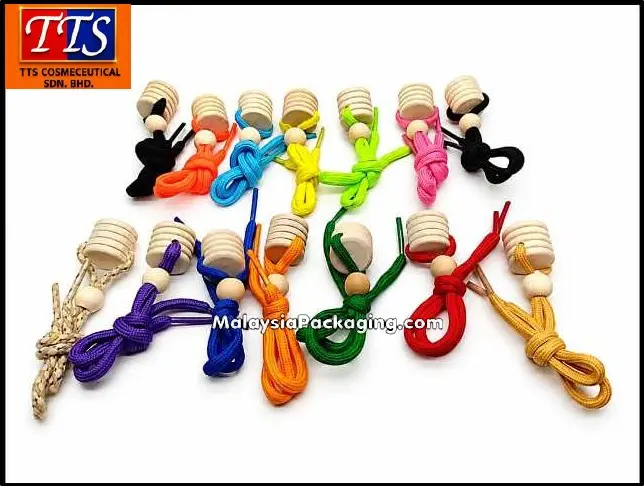 Wooden cap with string for hanging car perfume bottles